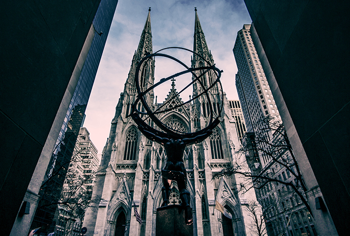St. Patrick's Cathedral, with Atlas statue of the Rockefeller Center