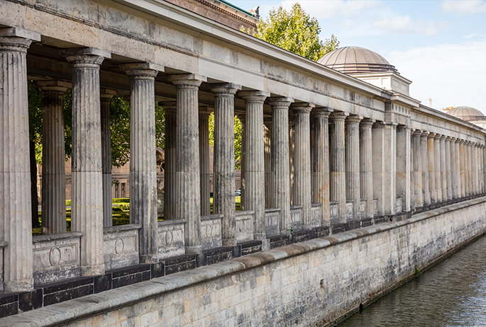 Colonnade pillars, museum island in Spree river, in Berlin Germany