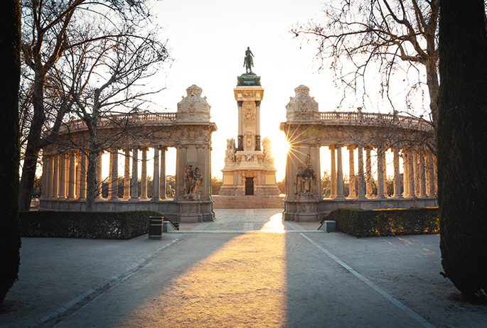 The Monument to Alfonso XII is located in Buen Retiro Park, Madrid, Spain